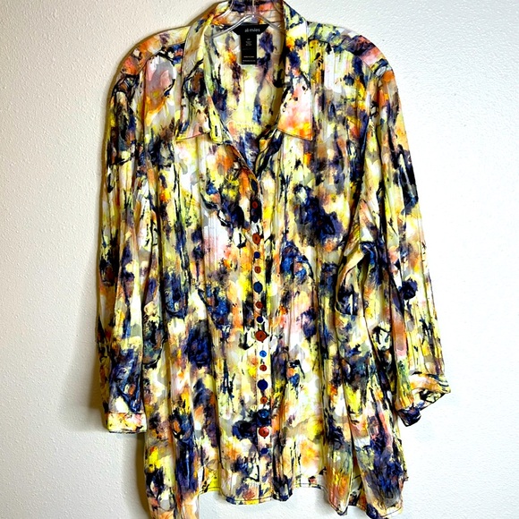ALI MILES Tunic Top 3/4 Sleeve Fun Button Up Art to Wear Watercolor SemiSheer 3X - Picture 1 of 17